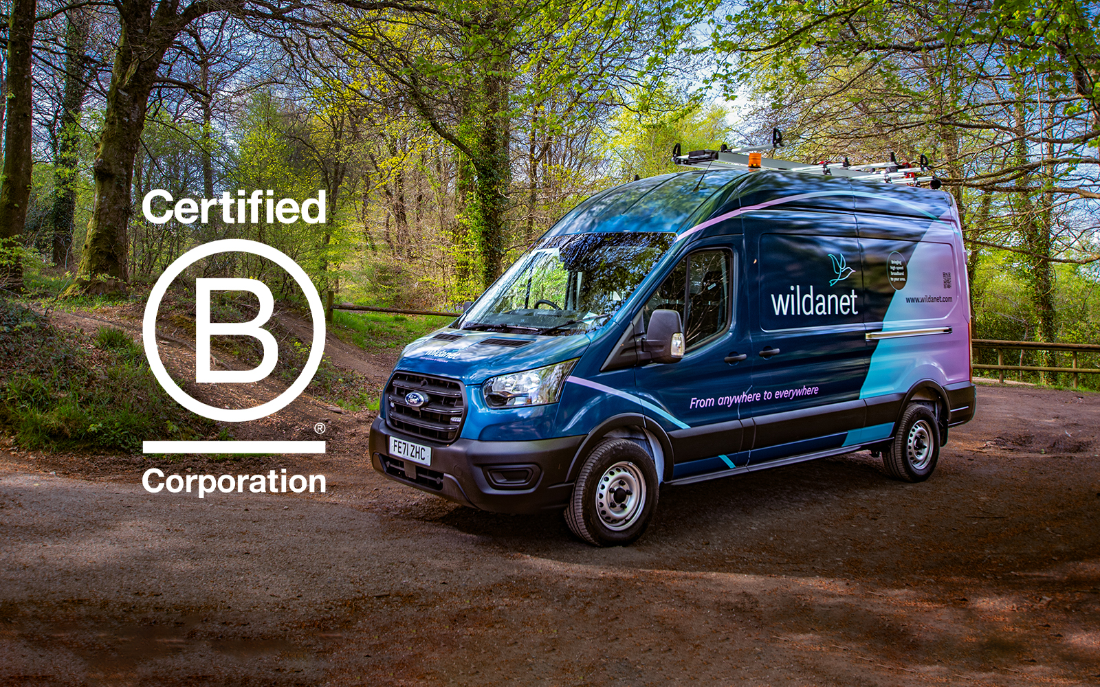 Wildanet Ford Transit van with a B Corp logo