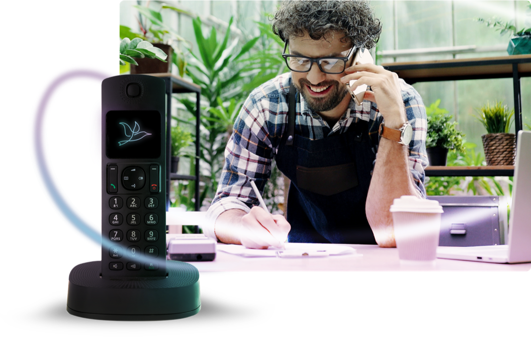 Man on Mobile with Landline on Left and Valore Through the Middle