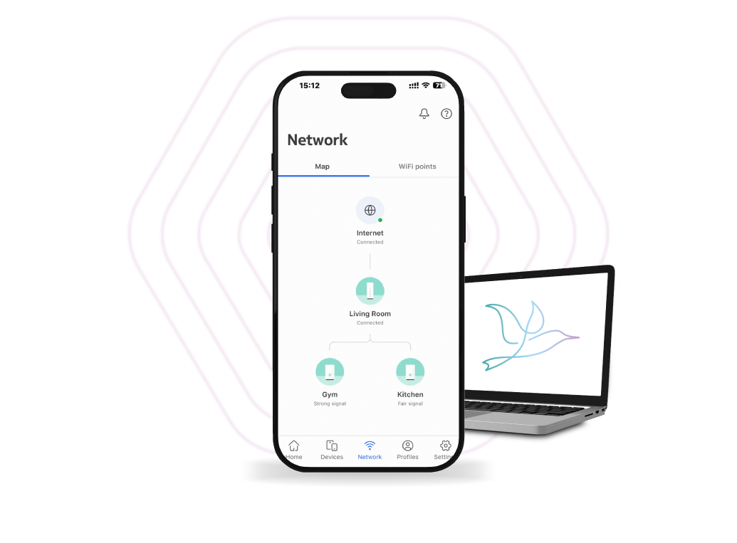 phone with mesh app and a laptop