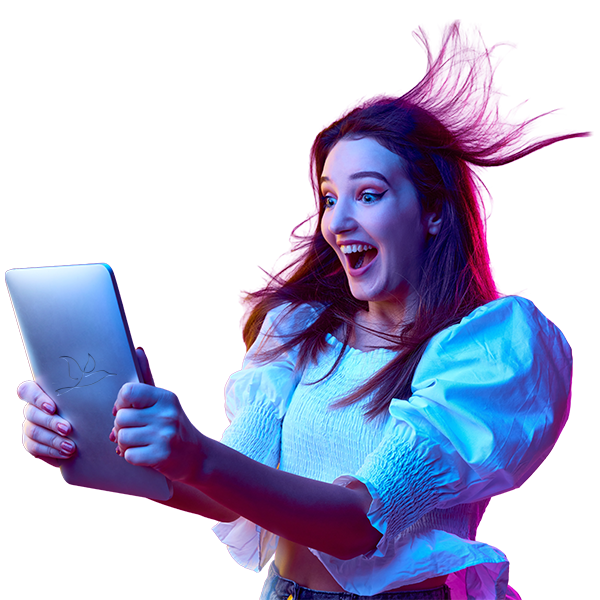 young woman holding an ipad with elated expression